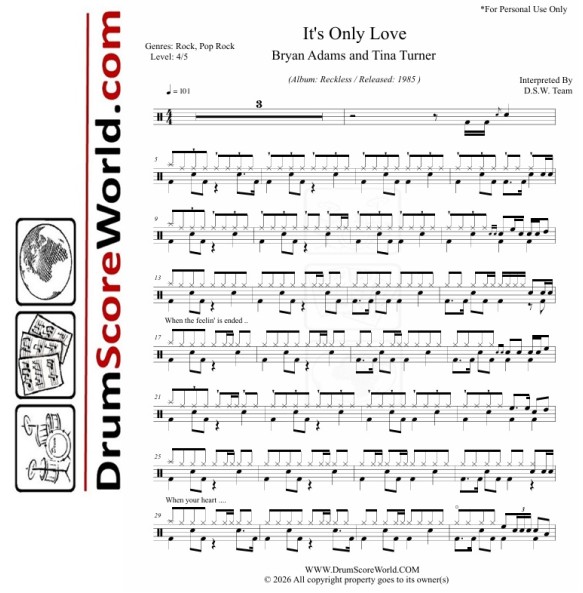 Bryan Adams & Tina Turner - It’s Only Love | Drum Sheet  + Play-Along Track